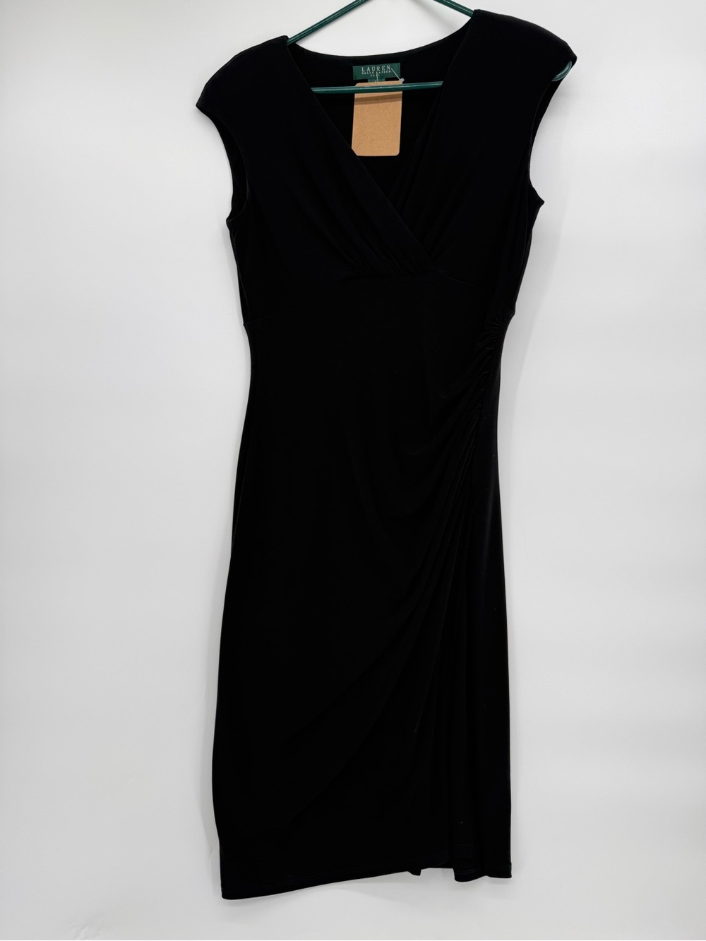 Lauren Ralph Lauren Black Cap-Sleeve Faux-Wrap Midi Dress